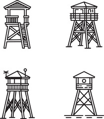 Set of Watchtower Outline vector illustration isolated On Transparent Background