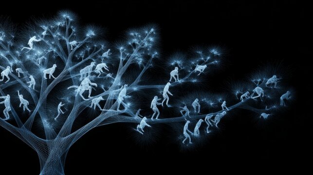 A translucent evolutionary tree with glowing nodes, tracing hominid species development.

