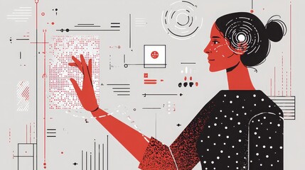 Woman interacting with digital interface, data visualization and technology