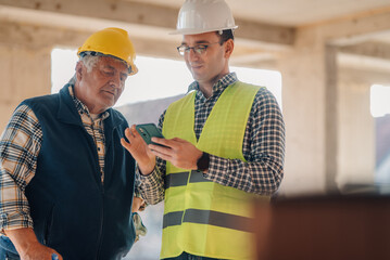 Engineers using smartphone on construction site discussing building project