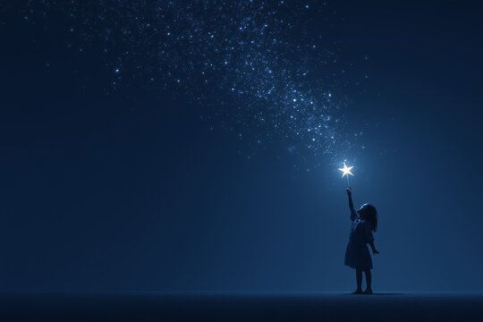 Little girl reaching for a glowing star in the night sky.