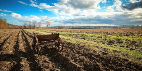 A rural farming scene with an old-fashioned wooden plow cutting through rich soil