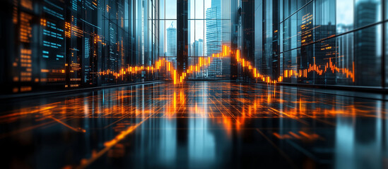 Digital stock market chart with city skyline at night, perfect for finance, investment, and business analytics concepts