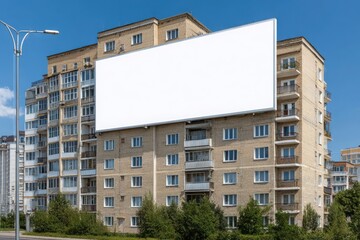 Large blank billboard on the side of a modern apartment building in a city