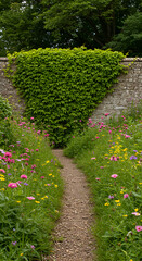 Photo of Colorful Flowers Growing by a Stone Wall Along a Garden Path
