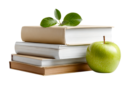 Stacked books with green apple and leaves