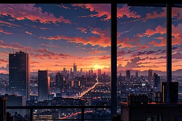 Vibrant anime city view