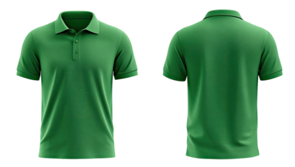 Front and back view of a vibrant green polo shirt.  Flat lay,  3D render.  Short sleeves, collared design, classic style