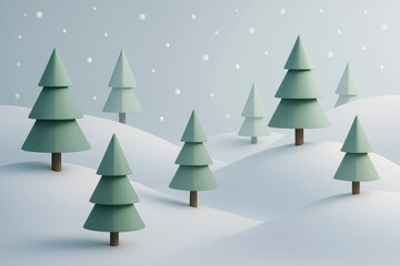Fototapeta premium Winter landscape with minimalist pine trees and gentle snowflakes in serene, pastel colors during a calm day