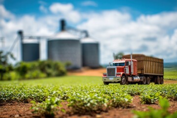 Fototapeta premium Agriculture Semi Truck. Unfocused silhouette of truck and silos on Brazilian bean plantation field in Mato Grosso