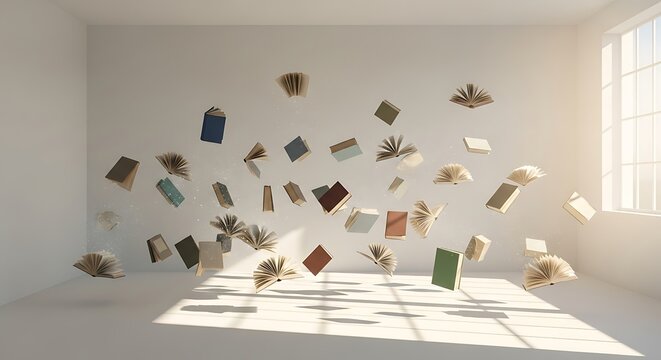 Floating literature in a bright room with sunlight streaming through the window space and wall 100 for national book lovers day