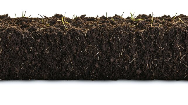 Fototapeta Loose soil spread in natural pattern on white background captured with zoom lens 135mm, focus on granular texture, irregular shapes, and warm earthy tones