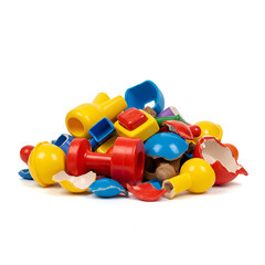 Pile Of Broken Colorful Plastic Toys Isolated On White Background Photo