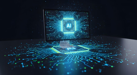 AI Brain: A futuristic design featuring an AI-powered computer with intricate circuit board design.