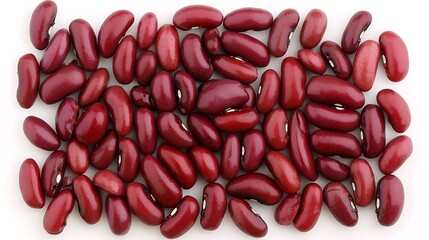 Kidney beans arranged with precise spacing in pile formation, shot at 50mm focal length, showcasing deep red tones and soft diffused shadows on white background
