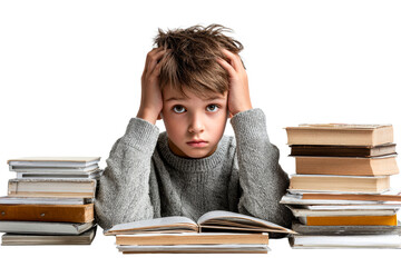 Young boy overwhelmed by schoolwork and books