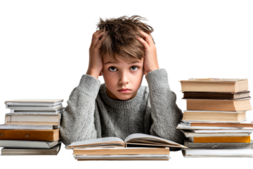 Young boy overwhelmed by schoolwork and books
