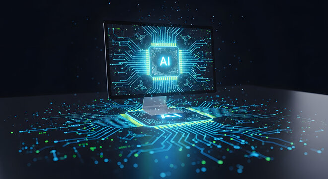 AI Brain: A futuristic design featuring an AI-powered computer with intricate circuit board design.