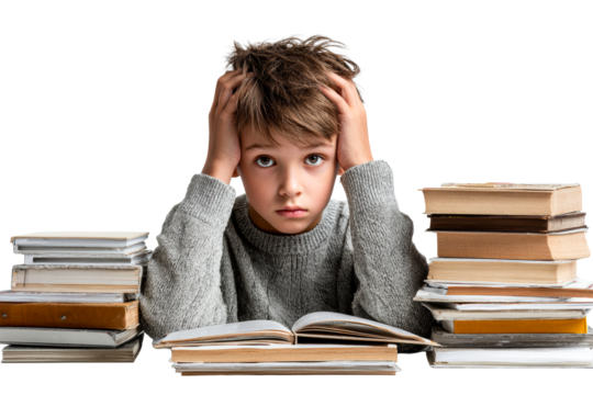 Young boy overwhelmed by schoolwork and books