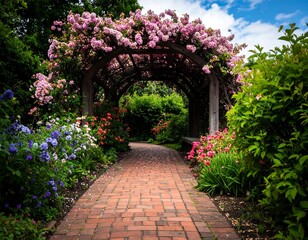 Obraz premium A picturesque garden path under a floral archway