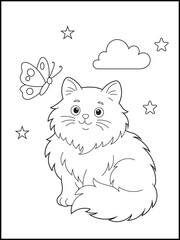 Illustration of a fluffy cat cartoon character.  Black and white outline for kids and adults, coloring fun.