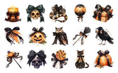 PNG Halloween-themed decorative illustrations, element set on transparent background