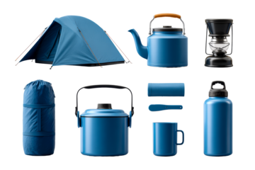 Camping gear collection in vibrant blue colors