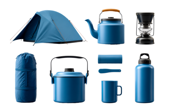 Camping gear collection in vibrant blue colors