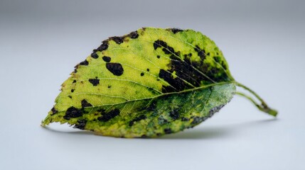 Abstract view of a wilting green leaf with dark spots against a sterile white background.
