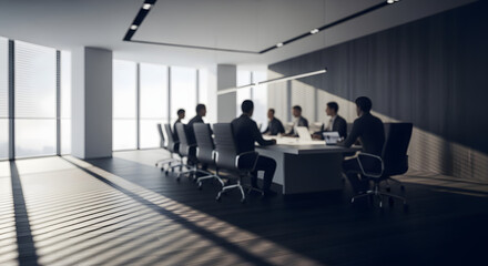 Boardroom Brilliance: A modern and elegant boardroom scene, where a group of professionals engage in a collaborative meeting, bathed in natural light streaming through the expansive windows.