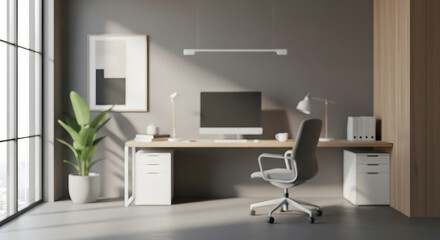 Modern Office Interior: A sophisticated office setup, bathed in natural light, features a minimalist design with a sleek desk, comfortable chair, and essential office supplies.