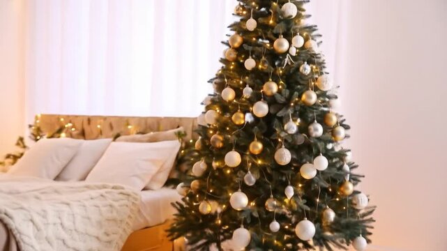 Festive Christmas Tree with Golden and White Ornaments and Wrapped Gift Boxes in Bright White and Beige Bedroom with Soft Lighting and Furry Carpet