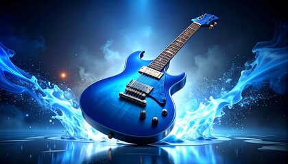 Blue electric guitar on a reflective surface with blue lights and splashes