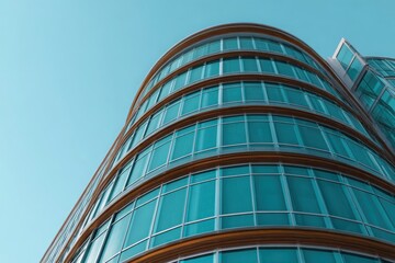 Modern curved glass office building with reflective windows against a clear blue sky