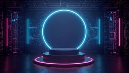 Empty blue podium floating in the air with blue neon ring on background. Made with generative ai.
