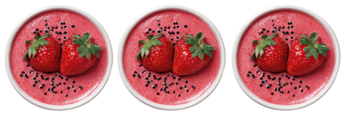 Three small, round, pink bowls of dessert.  Fresh strawberries are positioned atop a smooth, pink puree, speckled with dark seeds.  White rims circle the bowls