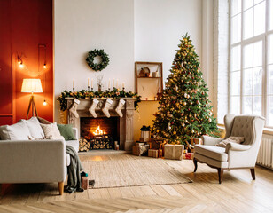 A cozy Christmas living room interior at night, with a brightly lit Christmas tree adorned with...