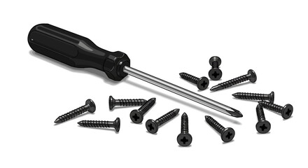 Screwdriver with black handle and silver shaft surrounded by black screws