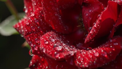 Cinematic macro of a red rose petal with morning dew, sparkling water droplets.
 - Powered by Adobe