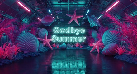Neon goodbye summer scene with starfish and shells