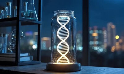 A glass jar containing an illuminated double-helix DNA model is placed on the table in front of black shelves with books and beakers - Powered by Adobe