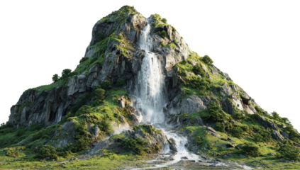Mountaintop waterfall cascading down rocky slopes. Lush greenery covers the mountainside