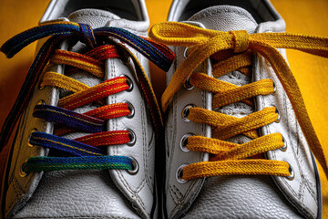 Colorful sneakers with rainbow laces on a bright backdrop