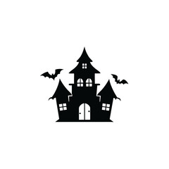 Silhouette of a spooky haunted house with bats flying around it against a white plain background scene is shown on transparent background