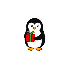 Obraz premium Cartoon penguin holding a red present with a green bow against a plain white background image view on transparent background