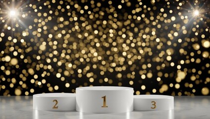 Golden winner trophy on podium, shining with success and achievement, sports victory theme