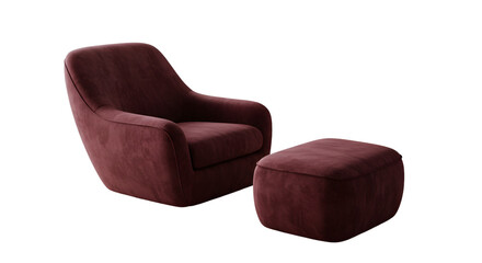 Isolated Red Velvet Chair And Footrest Against Dark Background Photo