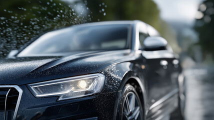 Automated car wash scene with soapy foam patterns and cascading water jets on glistening car surface, vehicle maintenance process, automotive cleaning service, luxury car wash closeup, water and foa

