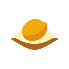 An illustration showing a yellow fruit sitting atop a light colored cushion with brown trim design on transparent background