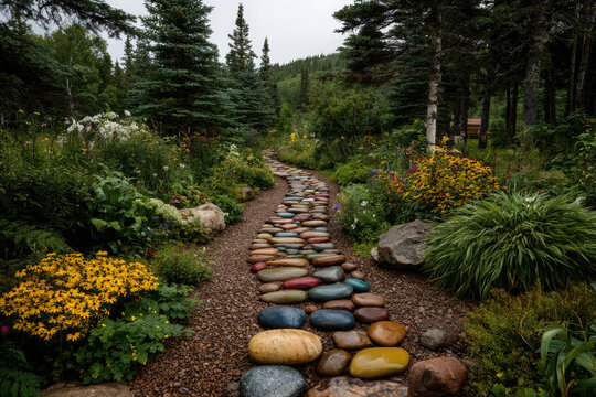Vibrant rock path through a colorful garden paradise - Powered by Adobe